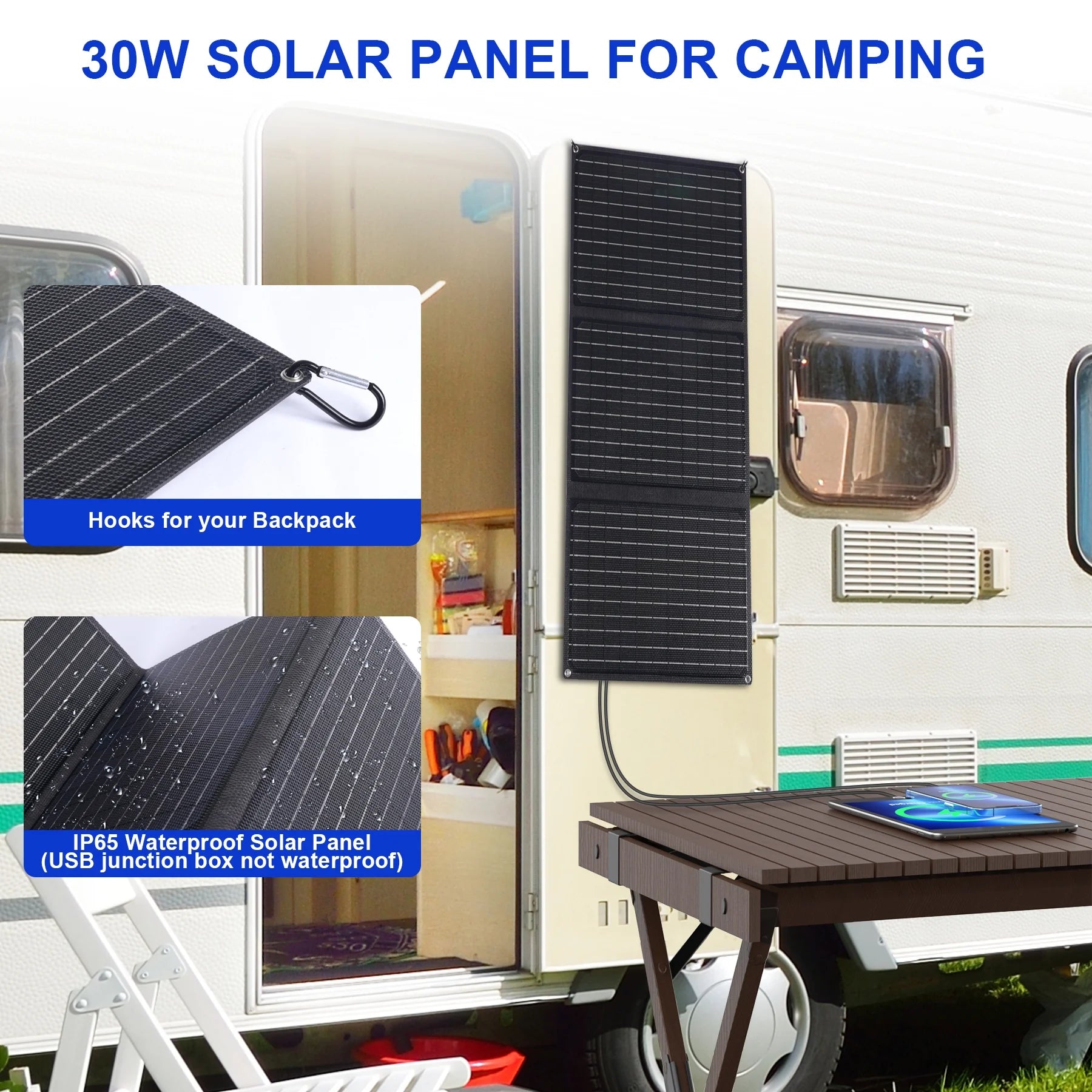 30W Portable Foldable Solar Panel Charger, Waterproof, High Efficiency