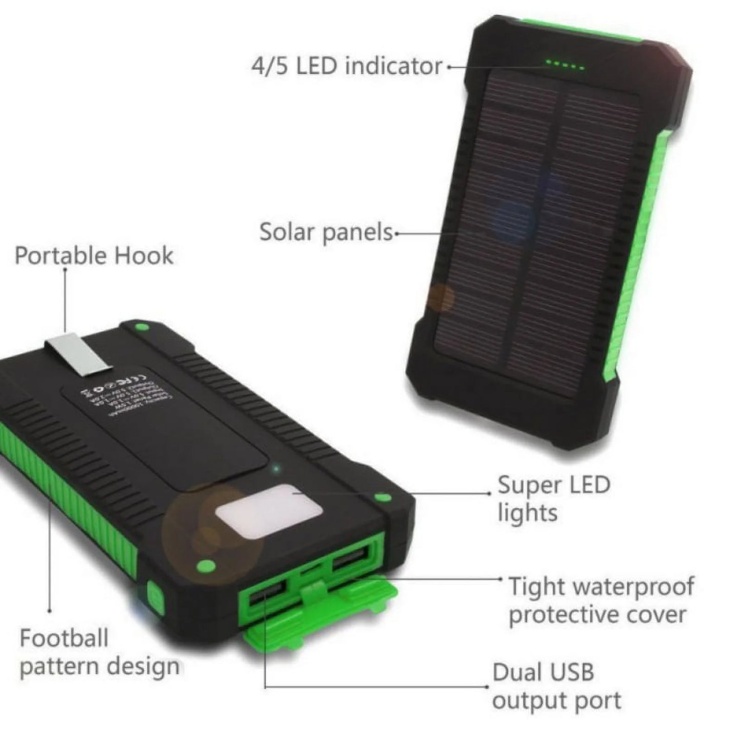 50000Mah Dual-Usb Waterproof Solar Power Bank Portable LED LCD Battery Charger, Inputs Huge Capacity Phone Charger for Smartphones