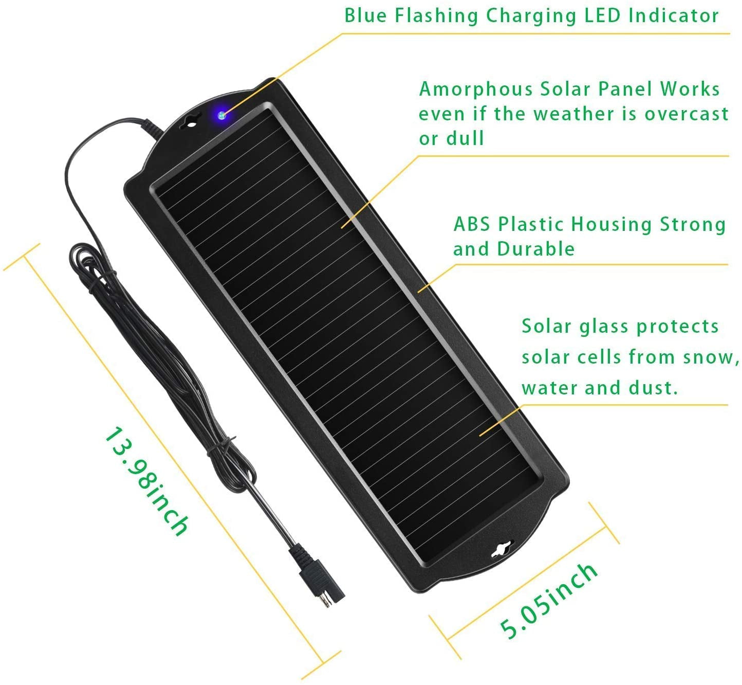 Car Battery Trickle Charger & Maintainer 12V Solar Panel Power Battery Charger with Cigarette Lighter Plug Battery Clamp for Car Automotive Motorcycle Boat Marine Snowmobile Watercraft RV