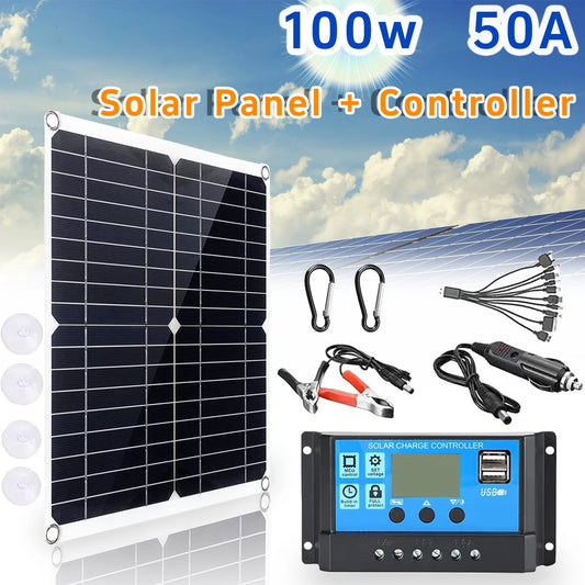 100W Solar Panel Kit with 50A LCD Display Solar Charge Controller Waterproof Power Station Dual USB Charge Port for RV Marine Boat off Grid System