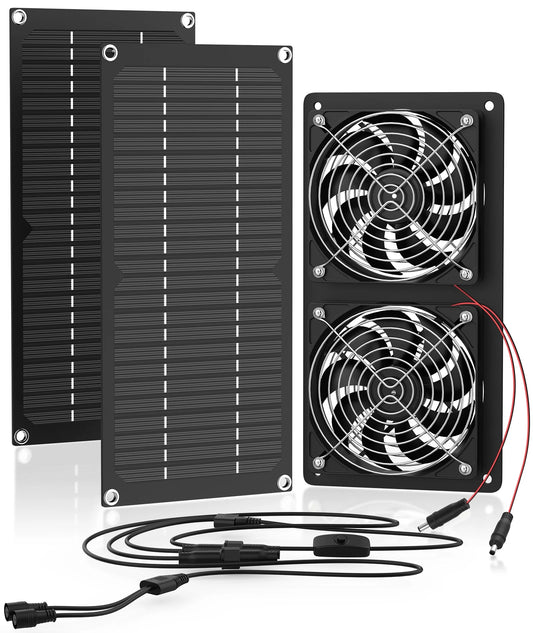 Dual Solar Panel 12In Duct 200 CFM Ventilation Fan 45Db, 3000 RPM for Chicken Coop - Black